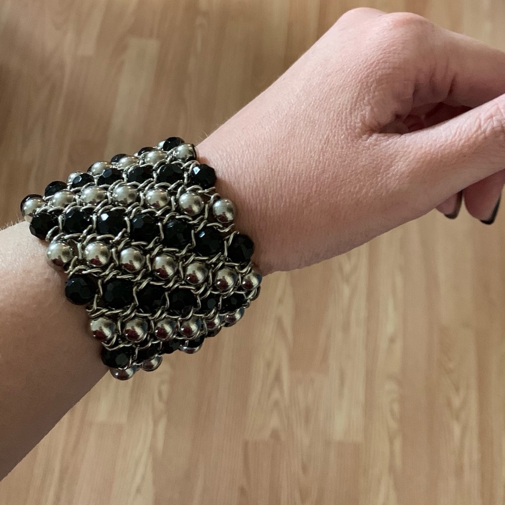 Black and silver beaded cuff bracelet